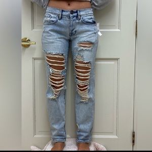 Pacsun Boyfriend Distressed Ripped Light Blue Low Rise Jeans w Buttons Sz 24 NWT